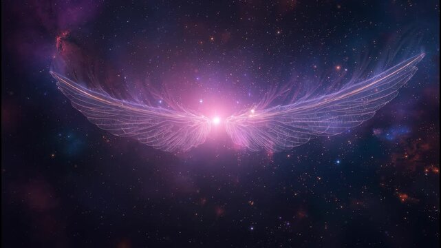 Celestial galaxy starfield nebula glowing light angel wing ethereal pink wings radiant serene mood