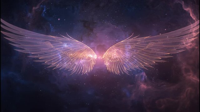 Angel wings glowing in purple galaxy with ethereal feathers and luminous cosmic glow