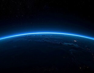 Naklejka premium Stunning View of Earths Horizon from Space with a Glowing Blue Atmosphere.