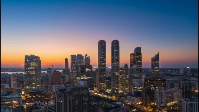 Sunset skyline with modern highrise skyscraper towers and warm colorful city sky glow