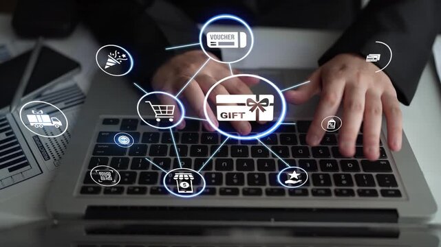 Digital gift card icons show e-commerce, payment, and digital gift card redemption. Digital gift card supports online shopping, secure payment, and customer loyalty programs. Funnel