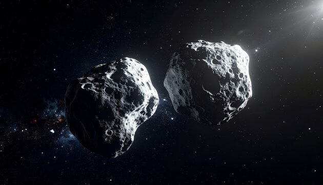 Two asteroids in deep space, illuminated by distant sunlight, with stars scattered across the dark background.