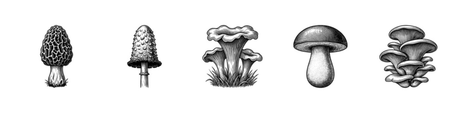 Vintage etching style mushroom collection featuring morel chanterelle porcini and oyster varieties in black ink line art