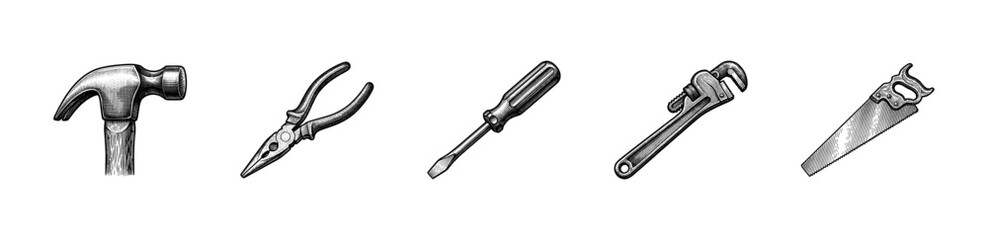 Set of hand drawn vintage construction and carpentry tools including hammer pliers screwdriver pipe wrench and hand saw in a detailed woodcut engraving style.