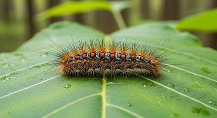 Fototapeta premium Caterpillar on Green Leaf Closeup.