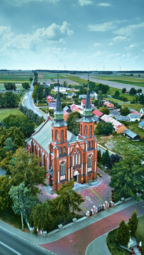 St Leonard Church and Liw town skyline drone aerial shot, Poland