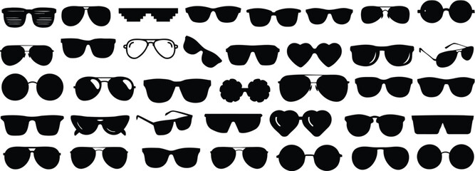 Set of black sunglasses silhouettes in various modern and classic styles for fashion design and summer vacation themes © Marjiya