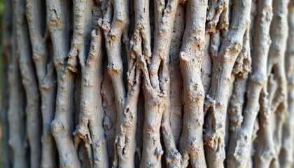 Fototapeta premium Close-up of rough, weathered bark on an old tree trunk. Deep vertical grooves and flaky texture create a natural, abstract pattern. Outdoor light.