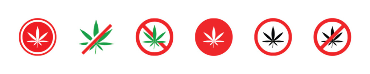 Set of marijuana leaf icons, cannabis symbols in red prohibition circles and crossed out.