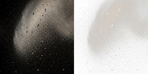 Dust storm particles isolated on black background, desert sand dust storm cloud texture, airborne...