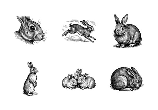 Vintage style engraving collection of wild rabbits and hares in various poses including running jumping and resting
