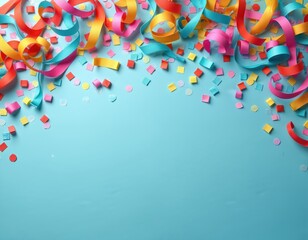 Fototapeta premium Bright colorful confetti and streamers on blue background. Party and celebration elements create festive mood. Happy, fun, and joyful decorations for event design.
