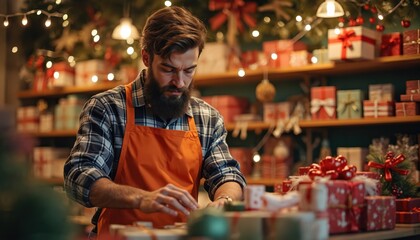 Obraz premium Man works in festive shop preparing gifts evening. Shelves filled with presents, lights twinkle, creating holiday cheer. Seasonal retail worker wraps boxes, retail business operation.