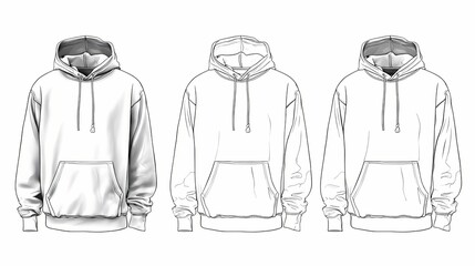 Detailed Fashion Sketch of a Classic Hoodie in Three Views.