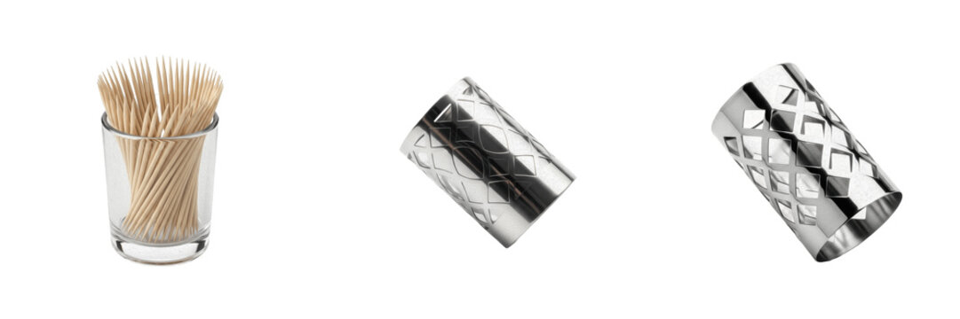 Set and collection of stainless steel and glass toothpick holders with wooden toothpicks isolated on white transparent png background