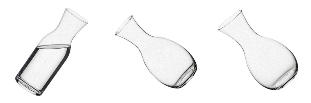 Set and collection of elegant glass carafes and wine decanters for beverage service isolated on white transparent png background