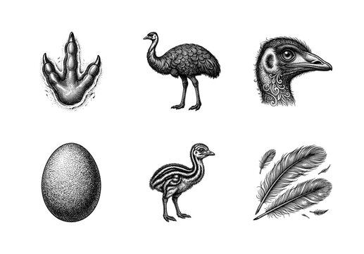 Vintage engraving collection of emu bird anatomy featuring adult emu, chick, large egg, feathers, and three-toed footprint in detailed woodcut style.