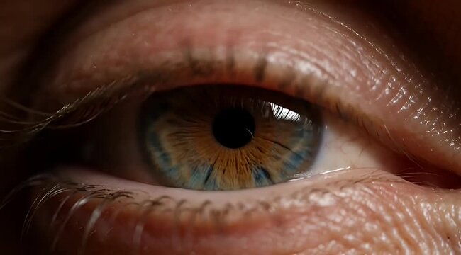 Detailed closeup of a human eye with a unique heterochromia pattern