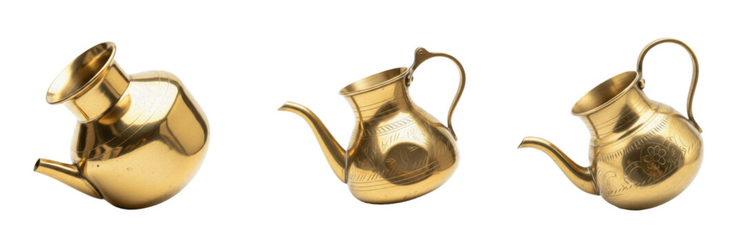 Set and collection of traditional golden brass water pots and surahi vessels with spouts and handles isolated on white transparent png background