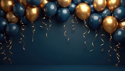 Obraz premium Dark blue and gold balloons float on dark blue background. Shiny streamers hang down. Elegant festive decoration for celebrations like birthdays or anniversaries. Luxury party event backdrop design.