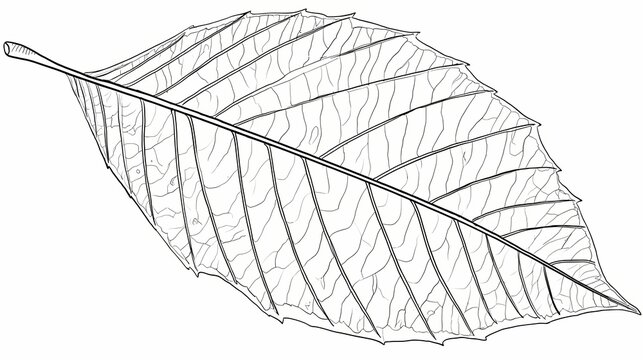 Detailed Line Drawing of a Single Beech Tree Leaf with Prominent Veins.