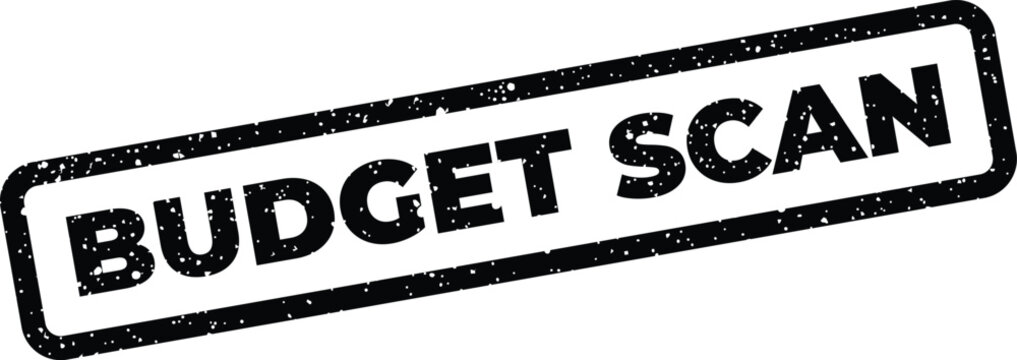Grunge textured rectangular stamp with the text BUDGET SCAN indicating digital document processing