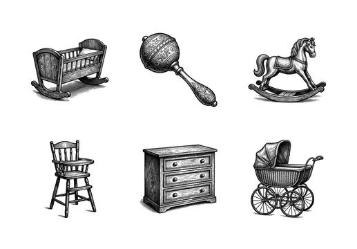 Vintage nursery furniture and baby toys collection in classic woodcut engraving style including rocking horse and cradle