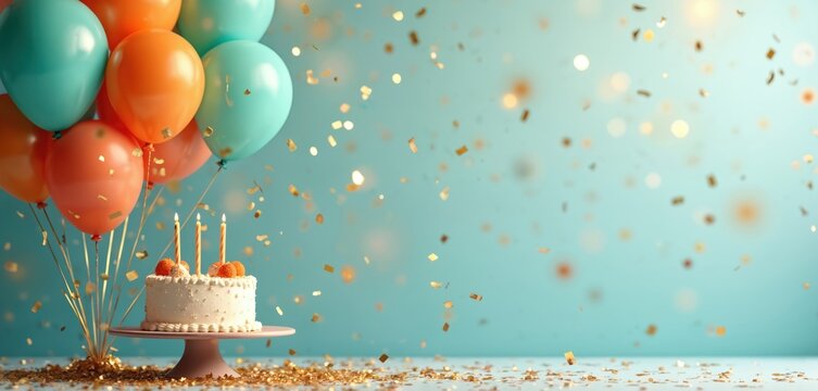 White birthday cake with lit candles sits on stand, surrounded by orange and teal balloons and golden confetti. Festive celebration scene for a special event like anniversary or party.