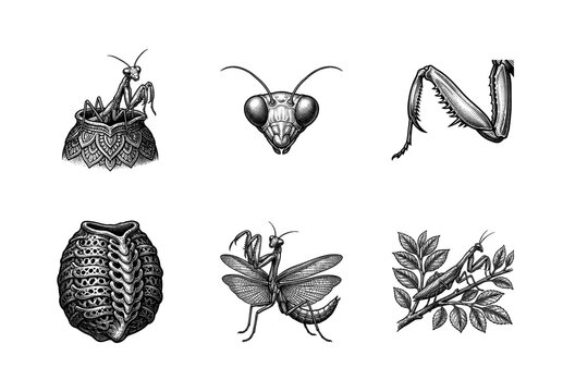 Vintage engraving set of praying mantis illustrations including head detail, raptorial leg, egg case ootheca, and full body poses in woodcut style