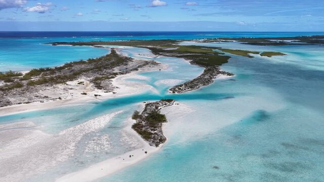 Aerial view of Moriah Harbour Cay National Park showing the islands and sandbars in the Exumas, Bahamas.