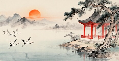 Fototapeta premium Traditional Chinese Landscape with Pagoda and Geese