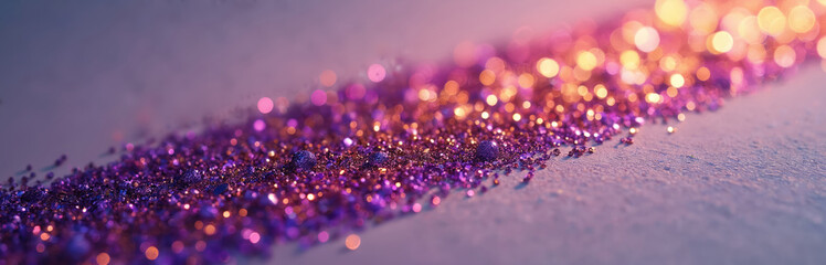Fototapeta premium Sparkling purple and gold glitter particles spread across a surface. Tiny sequins create a vibrant texture with soft bokeh lights in background. Festive and decorative abstract.