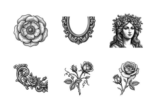 Vintage floral engraving collection featuring roses, ornate baroque frames, and a classical woman portrait in a woodcut etching style