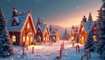 Fototapeta premium Gingerbread village with candy canes and snow covered trees at dusk. Lit windows and glowing lights create a magical winter holiday atmosphere. Festive scene with sweet houses in a snowy landscape.