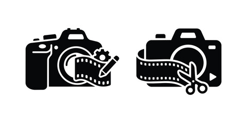 Obraz premium Video editing and film production icon set featuring dslr camera with movie strip pencil gear and cutting scissors sign
