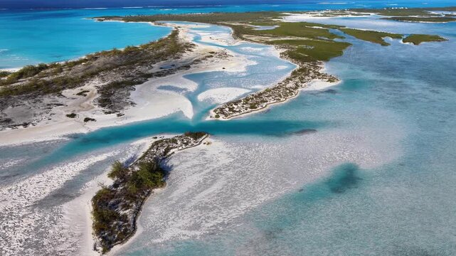 Aerial view of Moriah Harbour Cay National Park showing the islands and sandbars in the Exumas, Bahamas.