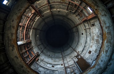 Fototapeta premium Deep circular concrete shaft inside abandoned industrial complex. Metal ladders ascend a dark, vertical tunnel. Ruined structure with weathered walls, rust, and decay.