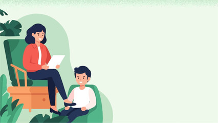 Fototapeta premium Woman in armchair reads paper while boy sits nearby in green chair