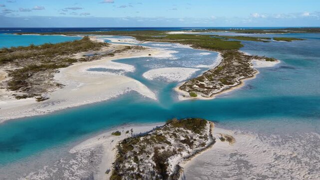 Aerial view of Moriah Harbour Cay National Park showing the islands and sandbars in the Exumas, Bahamas.