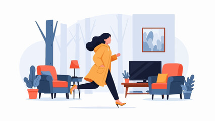 Fototapeta premium Woman in yellow coat running inside a cozy living room with plants