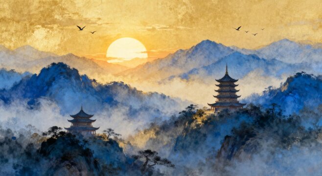 Sunrise Over Chinese Pagodas and Mountain Landscape