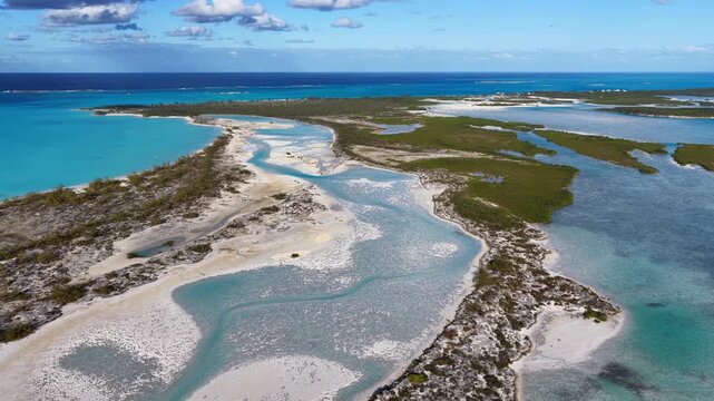 Aerial view of Moriah Harbour Cay National Park showing the islands and sandbars in the Exumas, Bahamas.