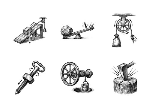 Vintage engraving of six simple machines including inclined plane, lever, pulley, screw, wheel and axle, and wedge used in physics and mechanics.