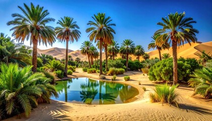 Fototapeta premium Vibrant Oasis in the Sahara Desert with Palm Trees and Reflecting Water.