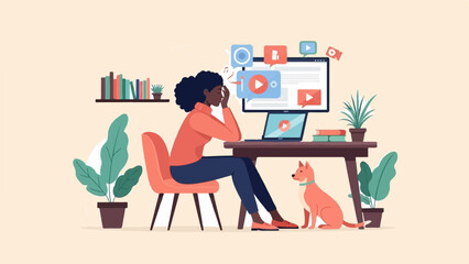 Fototapeta premium Woman working at desk with laptop, dog nearby, plants, bookshelf