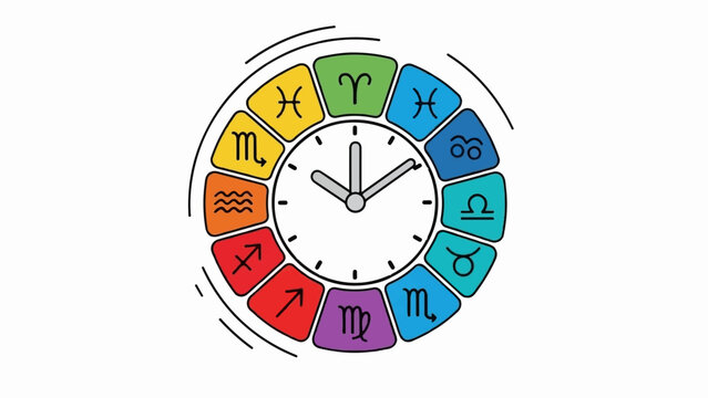 Zodiac wheel with astrological symbols arranged around a clock face