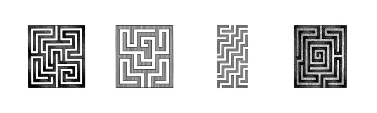 Set of four vintage maze and labyrinth woodcut illustrations featuring geometric square and rectangular path designs in monochrome line art style.