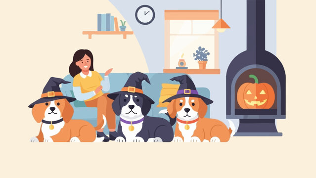 Woman with three dogs in witch hats by fireplace with jack-o-lantern
