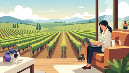 Naklejka na ściany i meble Woman working remotely in a vineyard with pets