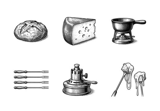 Vintage engraving style collection of cheese fondue elements including bread loaf, swiss cheese wedge, burner, forks, and caquelon pot.